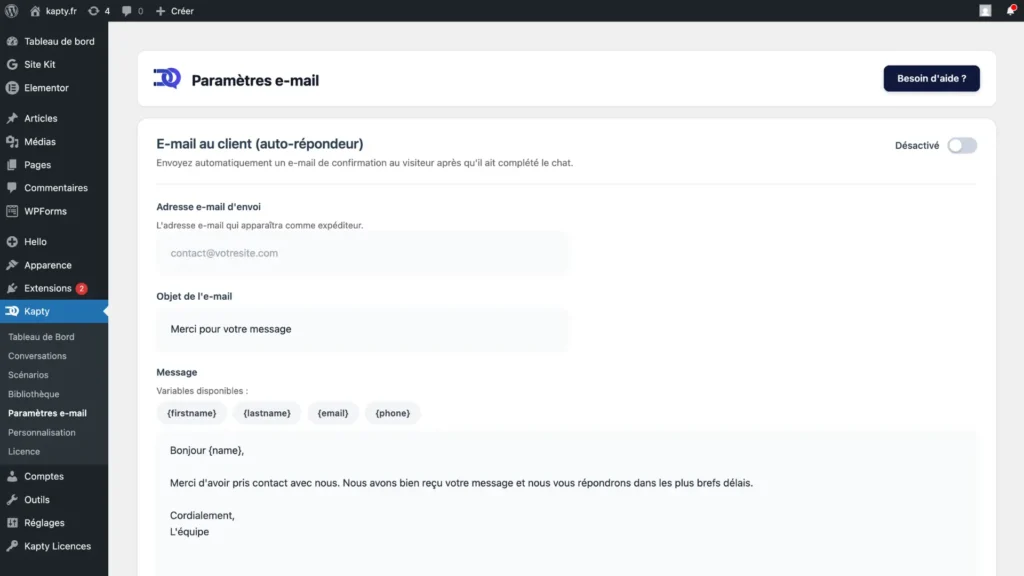 Capture d'écran des paramètres pour configurer l'email dans le widget de conversion de Kapty