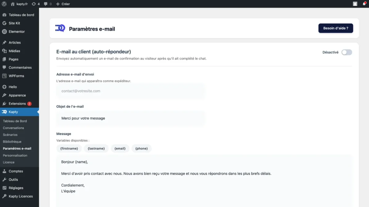 Capture d'écran des paramètres pour configurer l'email dans le widget de conversion de Kapty