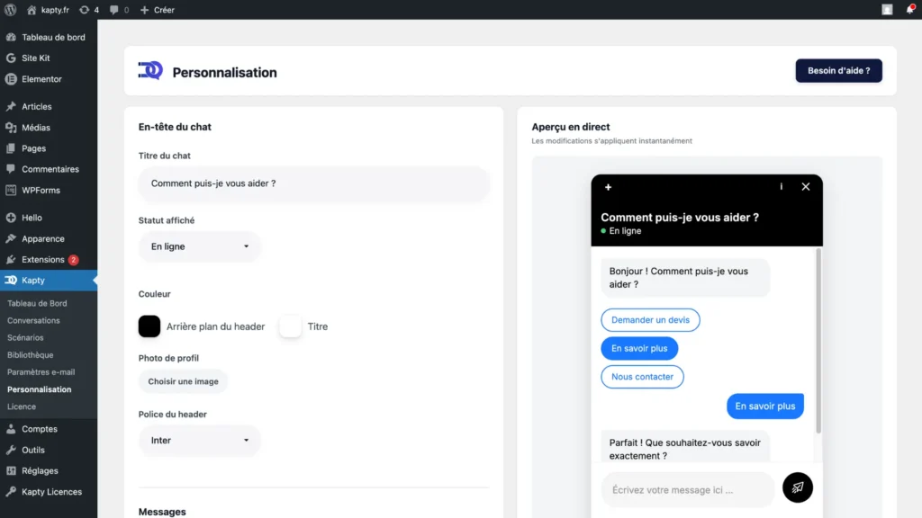 Exemple de personnalisation d'un widget conversationnel sur un site WordPress pour capter des clients.