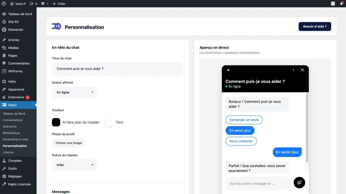 Exemple de personnalisation d'un widget conversationnel sur un site WordPress pour capter des clients.