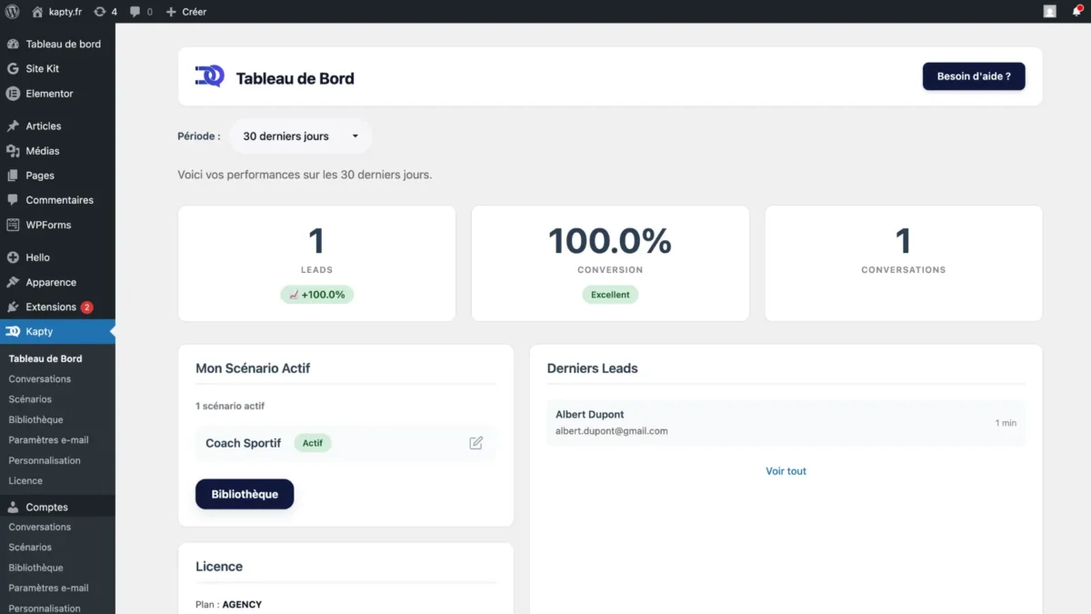 Tableau de bord de l'outil Kapty pour convertir les visiteurs en clients sur un site WordPress